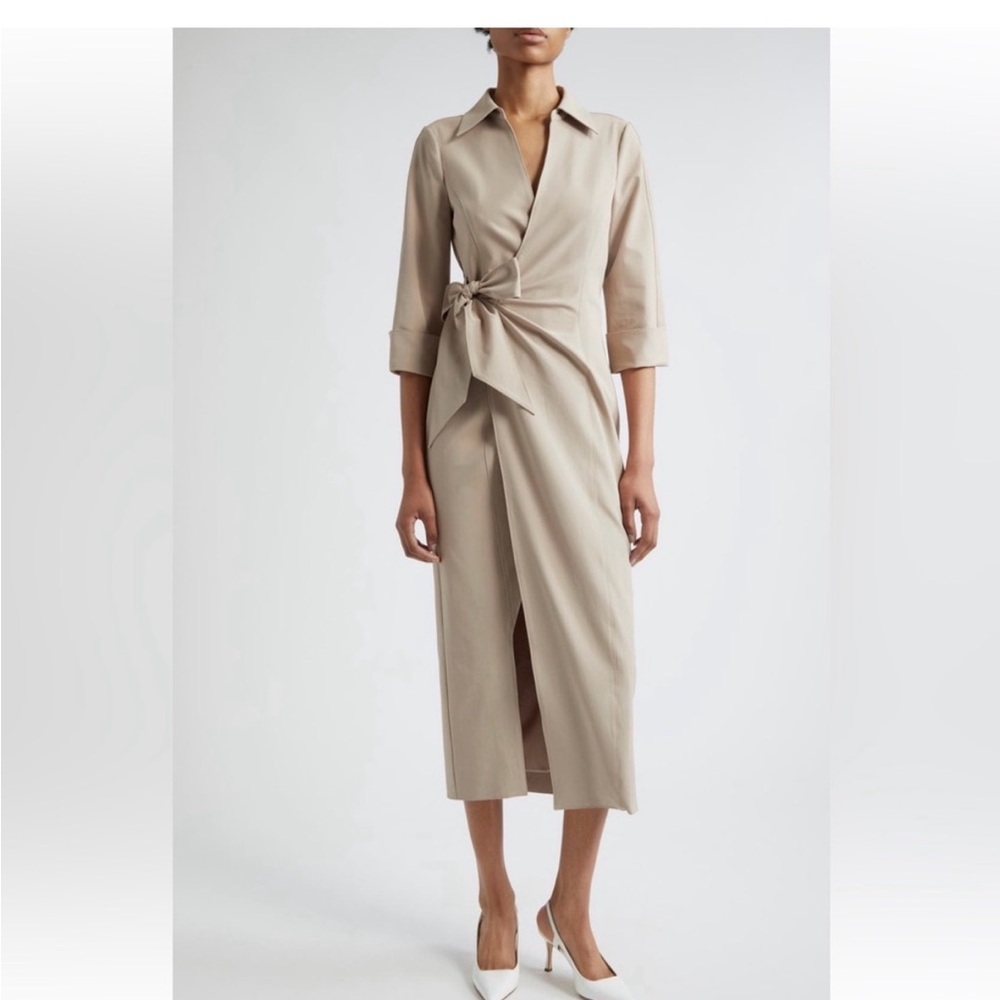 New Cinq a Sept Cayleigh Wrap Tie-Waist Midi Dress Beige Khaki 0 XS